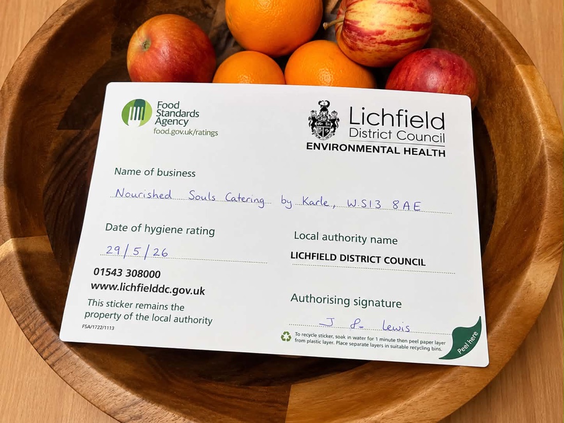 Food Hygiene Rating certificate for Nourished Soul's Catering by Karle — rated 5 (Very Good) by Lichfield District Council